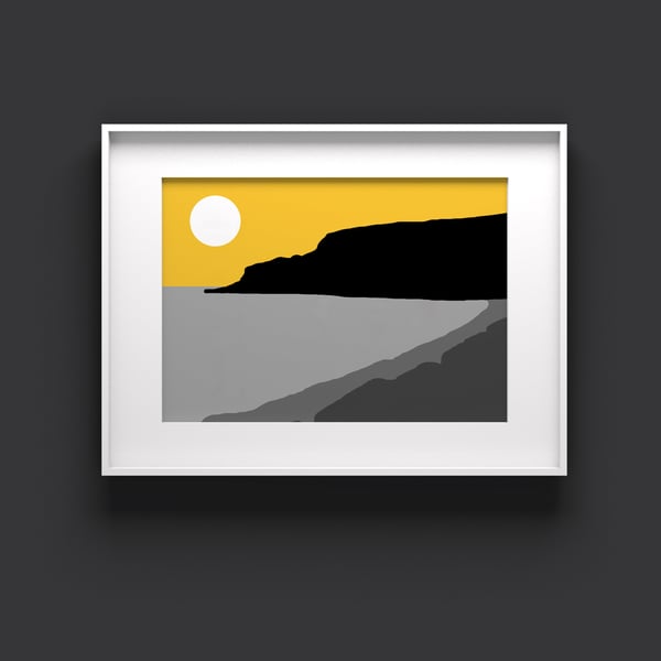 Grey and yellow abstract art, Sea landscape print, Beach scene print, 