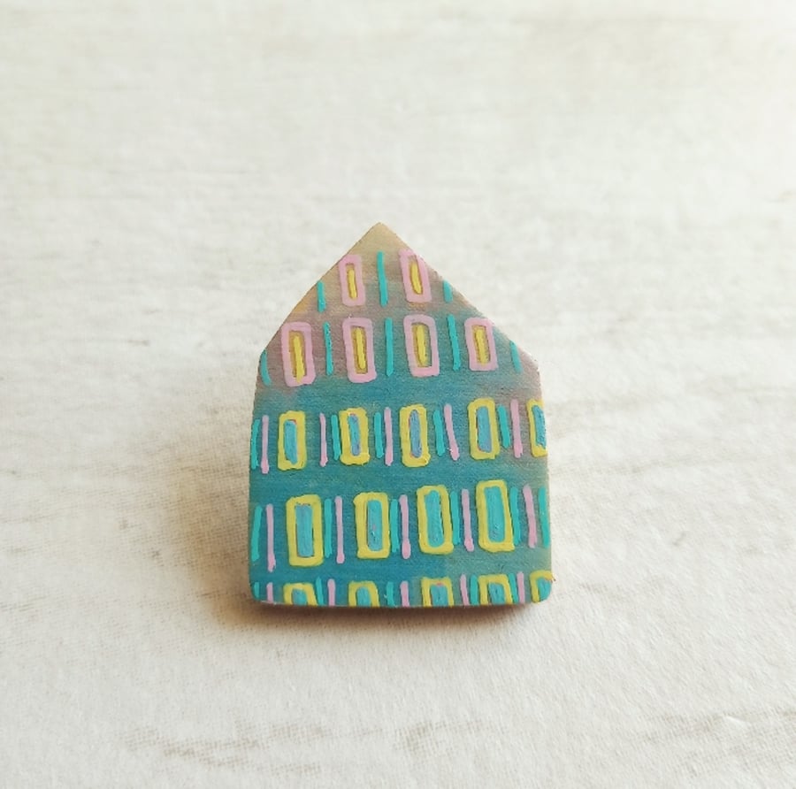 Wooden House Pin Badge, House Brooch, House Pin, Blue House