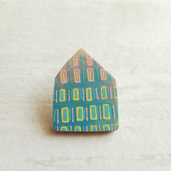 Wooden House Pin Badge, House Brooch, House Pin, Blue House