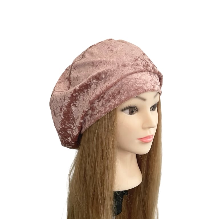 Blush Pink Retro Vintage Style Beret Hat for Women Crushed Velour Beret Cap