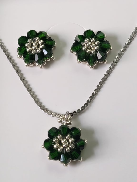 Emerald Green Crystal Flower Necklace and Stud Earrings Handmade Jewellery Set