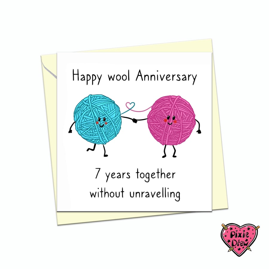 Wool Anniversary, 7th anniversary card with 2 balls of wool holding hands
