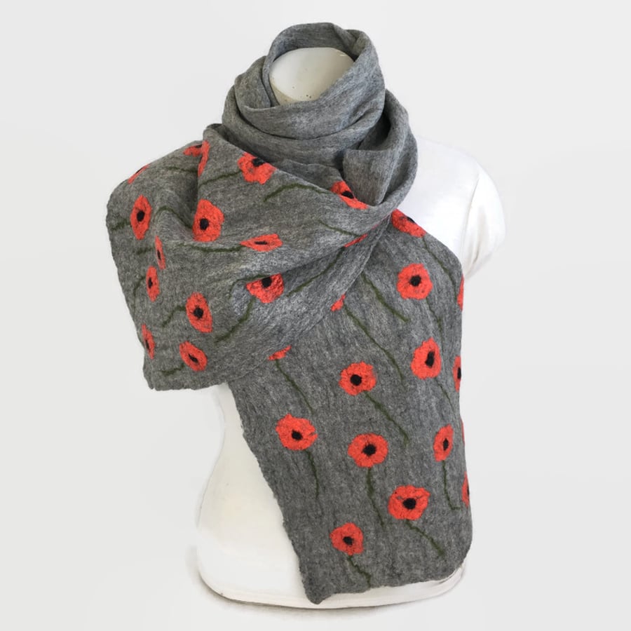 Lightweight grey felted merino wool scarf with silk poppies