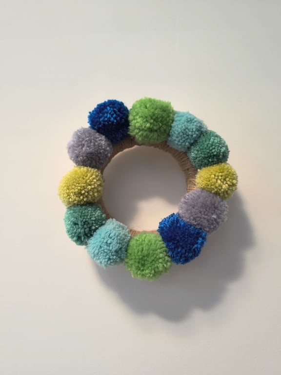 Island life pom pom wreath in blue, greens and grey FREE POSTAGE