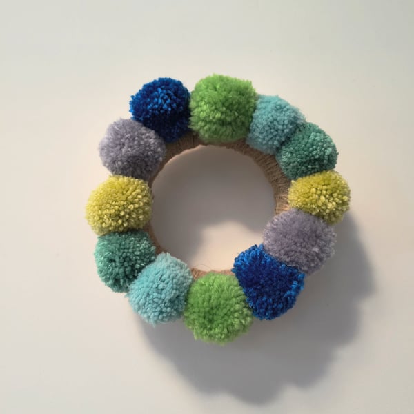 Island life pom pom wreath in blue, greens and grey FREE POSTAGE