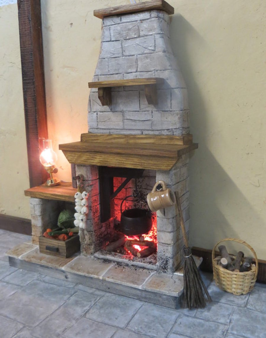 Dolls House Fireplace with light up fire, grey stone with side counter and shelf