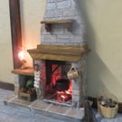 Dolls House Fireplace with light up fire, grey stone with side counter and shelf