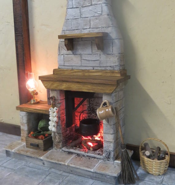 Dolls House Fireplace with light up fire, grey stone with side counter and shelf