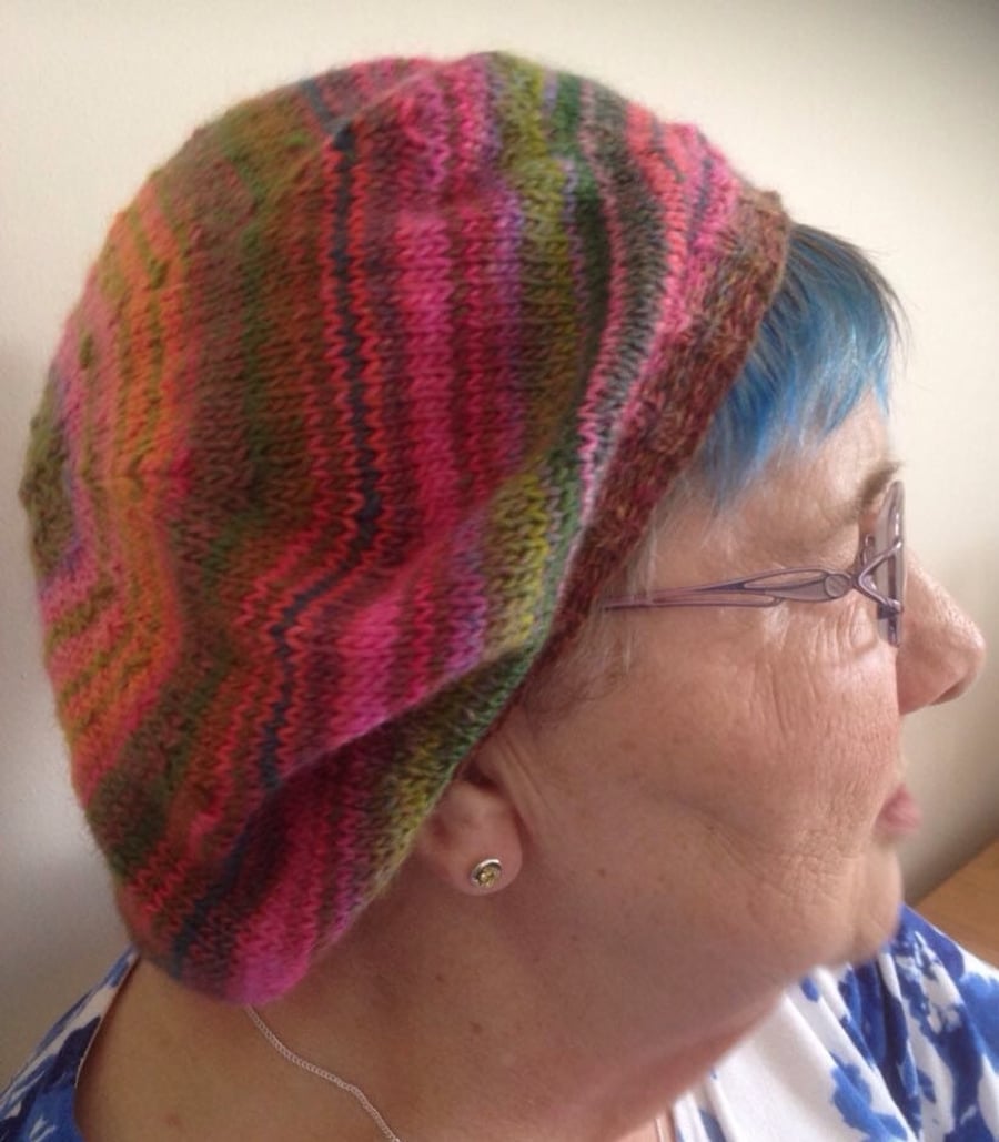 Striped slouchy beret, size adult, hand knitted
