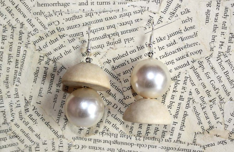 Natural Wood Pearl Bead Silver Earrings