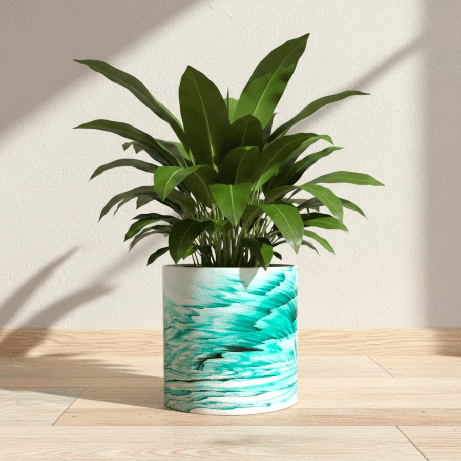 23cm Extra Large Teal and White Marbled Plant Pot for Indoor Houseplants
