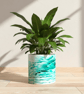 23cm Extra Large Teal and White Marbled Plant Pot for Indoor Houseplants