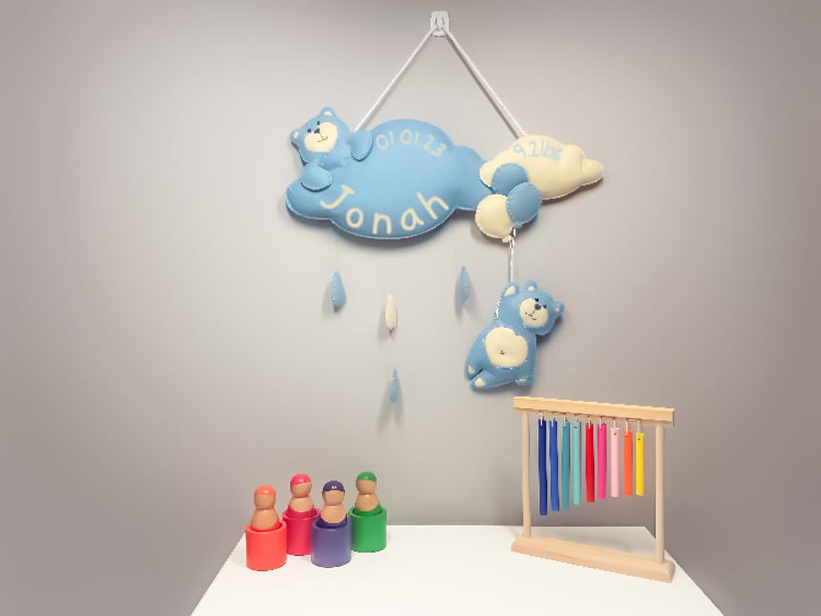 Blue and Beige Teddy Bears - Personalised felt nursery wall and door sign