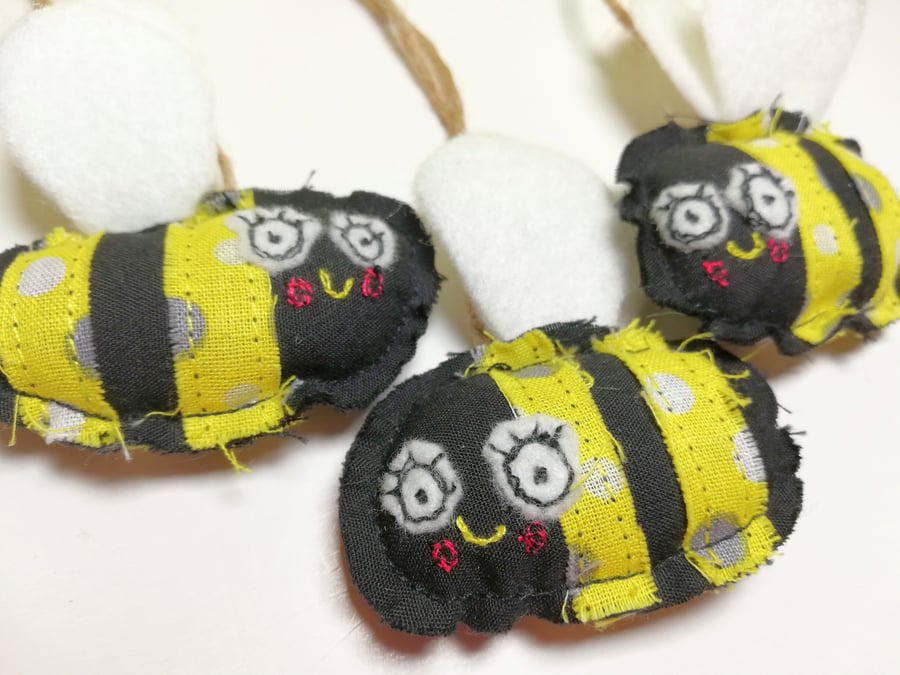 Bee Hangers, Set of Two. Black & Yellow, Machine Embroidered with Felt
