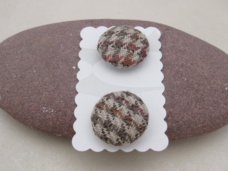 2 Small Handmade Brown Houndstooth Fabric Buttons