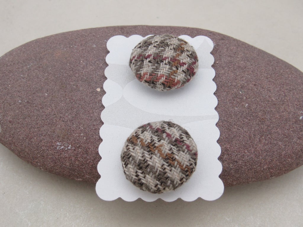 2 Small Handmade Brown Houndstooth Fabric Buttons