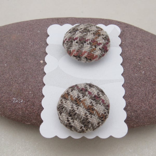 2 Small Handmade Brown Houndstooth Fabric Buttons