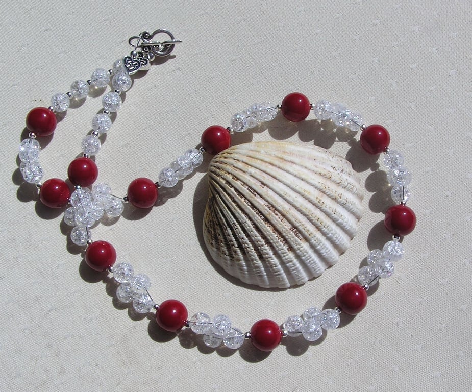 Red Coral & Crackled Clear Quartz Gemstone Statement Chunky Beaded Necklace