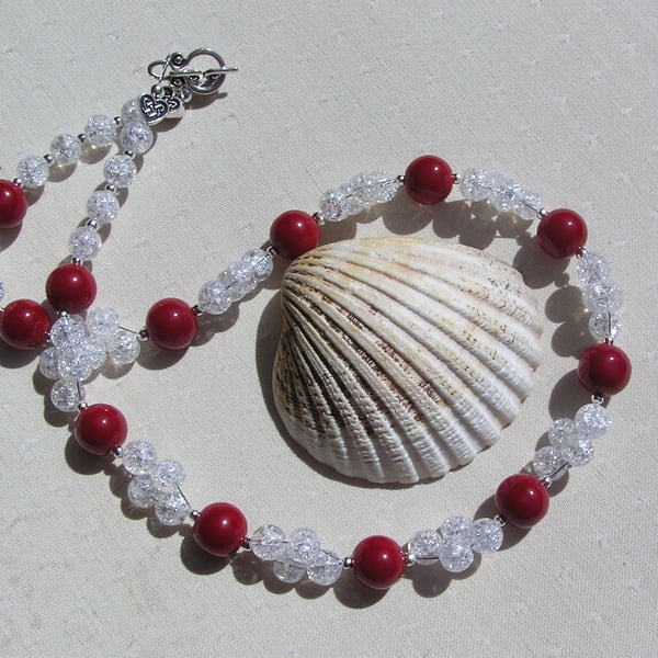 Red Coral & Crackled Clear Quartz Gemstone Statement Chunky Beaded Necklace