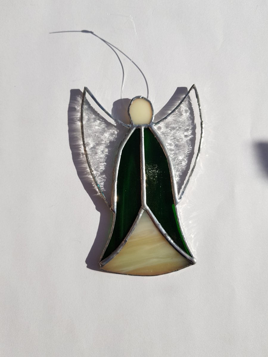 156 Stained Glass Large Green Angel - handmade hanging decoration.
