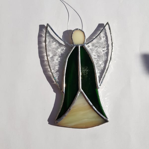 156 Stained Glass Large Green Angel - handmade hanging decoration.