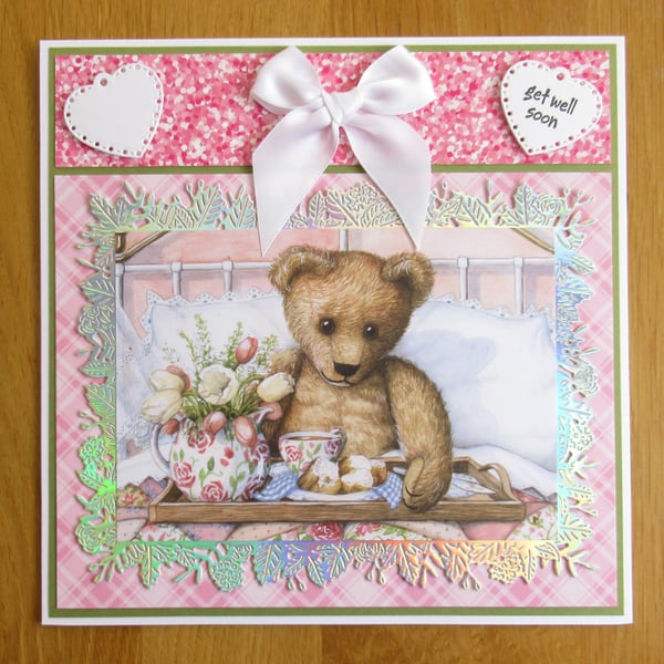 Teddy Bear In Bed - Get Well Soon Card - 19x19cm