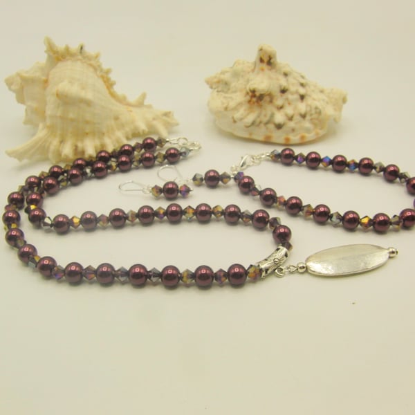 Purple Pearl and Crystal Necklace, with a Silver Pendant, Bracelet & Earrings