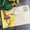 Ink and acrylic painting of wren on vintage postcard (1916), gift for bird lover