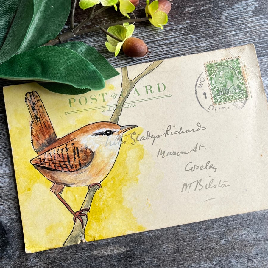 Ink and acrylic painting of wren on vintage postcard (1916), gift for bird lover
