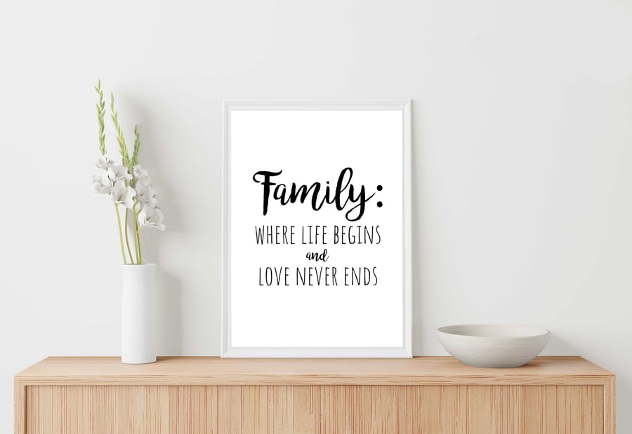 Family quote print, Family where life begins and love never ends, home decor