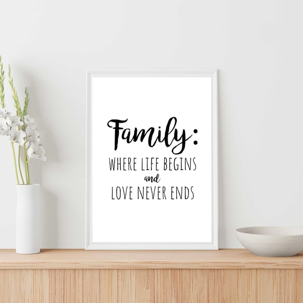 Family quote print, Family where life begins and love never ends, home decor