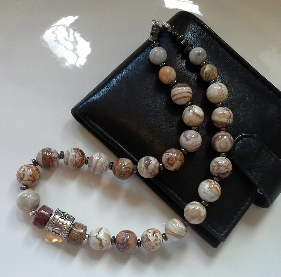 Designer Natural African Jasper & 29.33cts Heamatite Sterling Silver Necklace