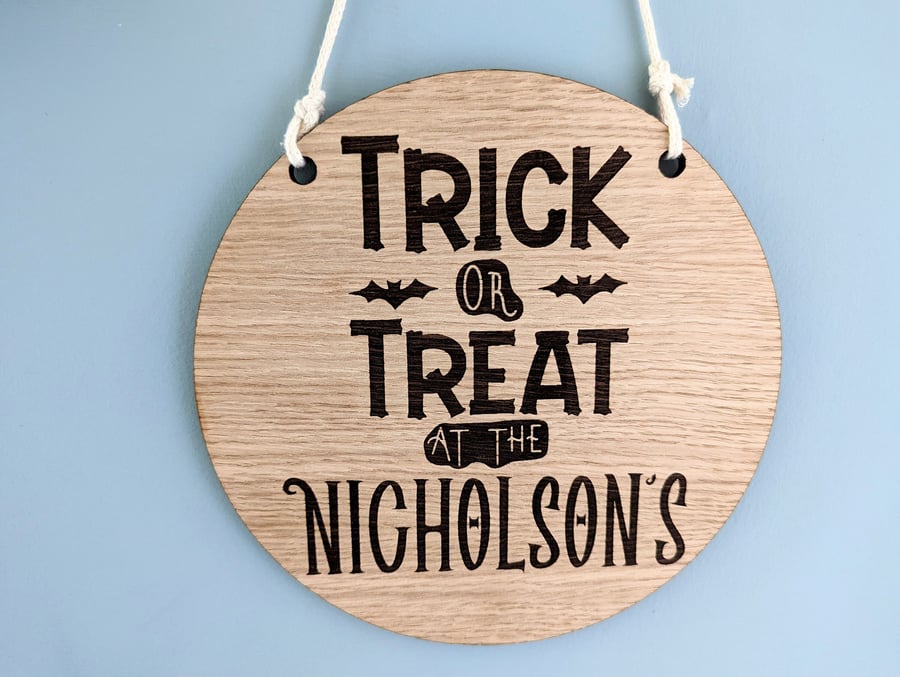 Halloween custom family name 2-side door sign on oak wood halloween door sign