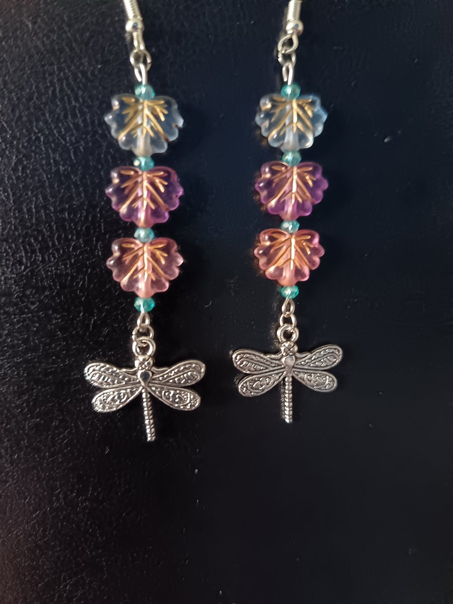 Pastel leaf bead dragonfly dangle earrings 