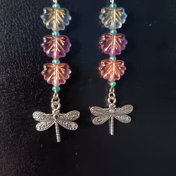 Pastel leaf bead dragonfly dangle earrings 
