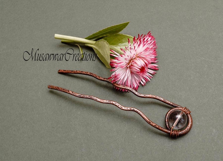 Antique Copper hair fork ,hammered & textured Hair Fork,Copper,plain quartz Hair