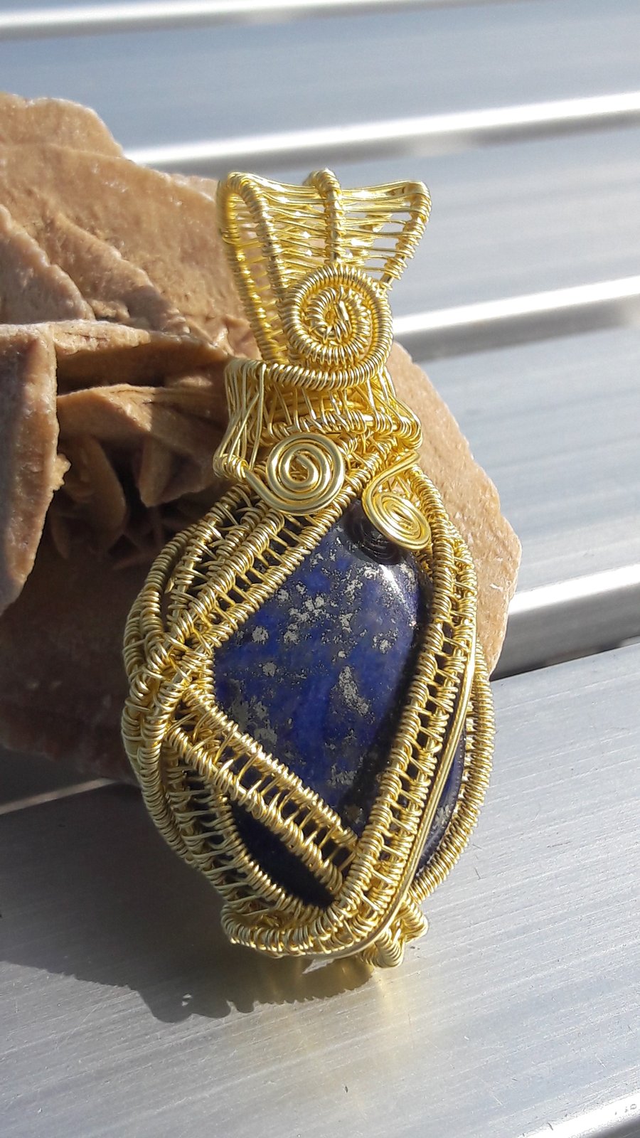 Lapis Lazuli Wrapped in Gold-Plated Wire Pendant
