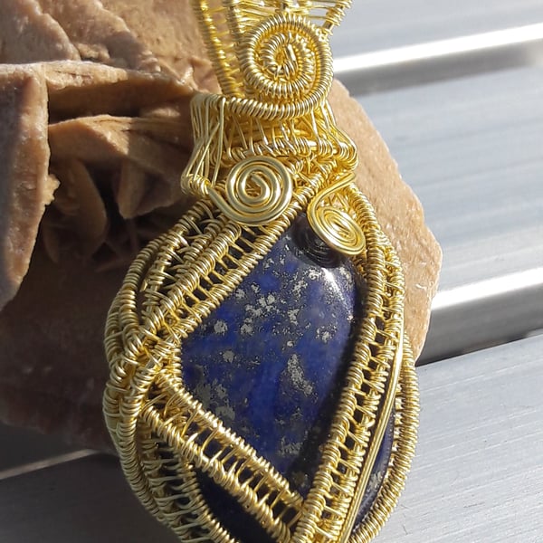 Lapis Lazuli Wrapped in Gold-Plated Wire Pendant