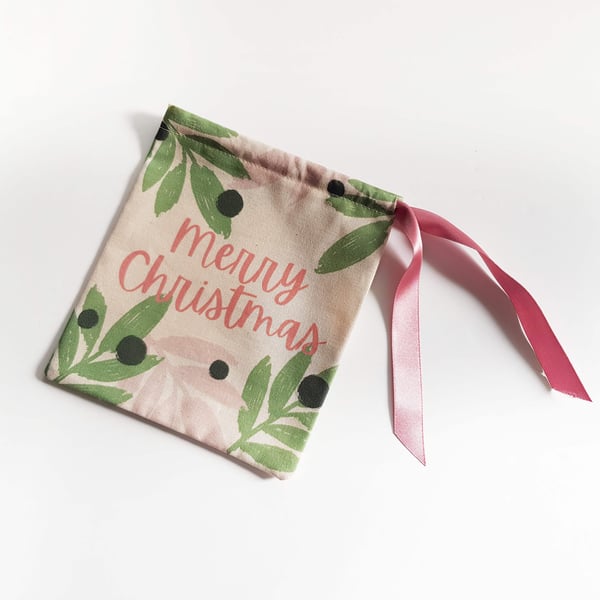 Organic Cotton Pink and Green Misletoe print Christmas Gift Pouch