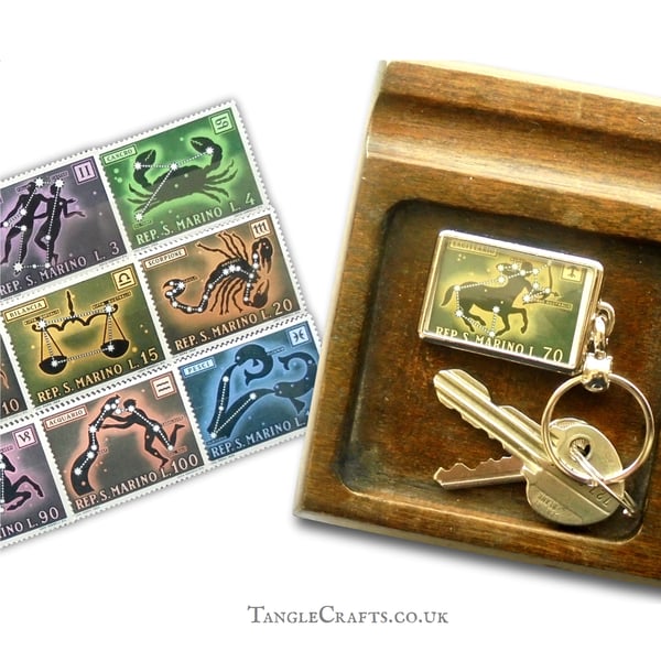 Zodiac Keyring, all 12 star signs available - upcycled vintage 70s postage stamp
