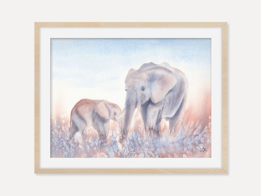 Elephant Family Art Print, African Wildlife Wall Art Poster, Nursery Artwork