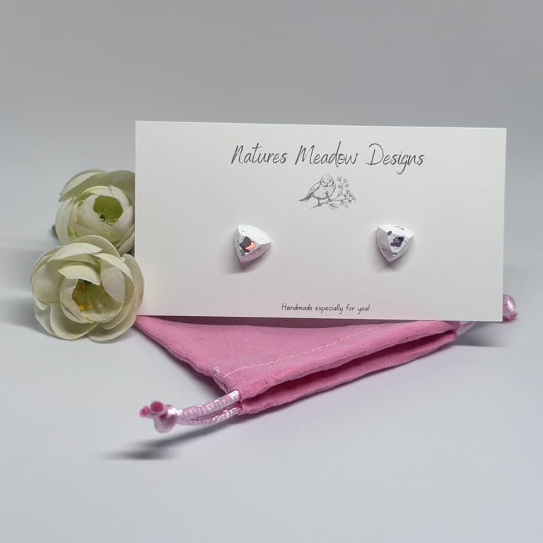 Silver Triangle Glitter Stud Earrings 