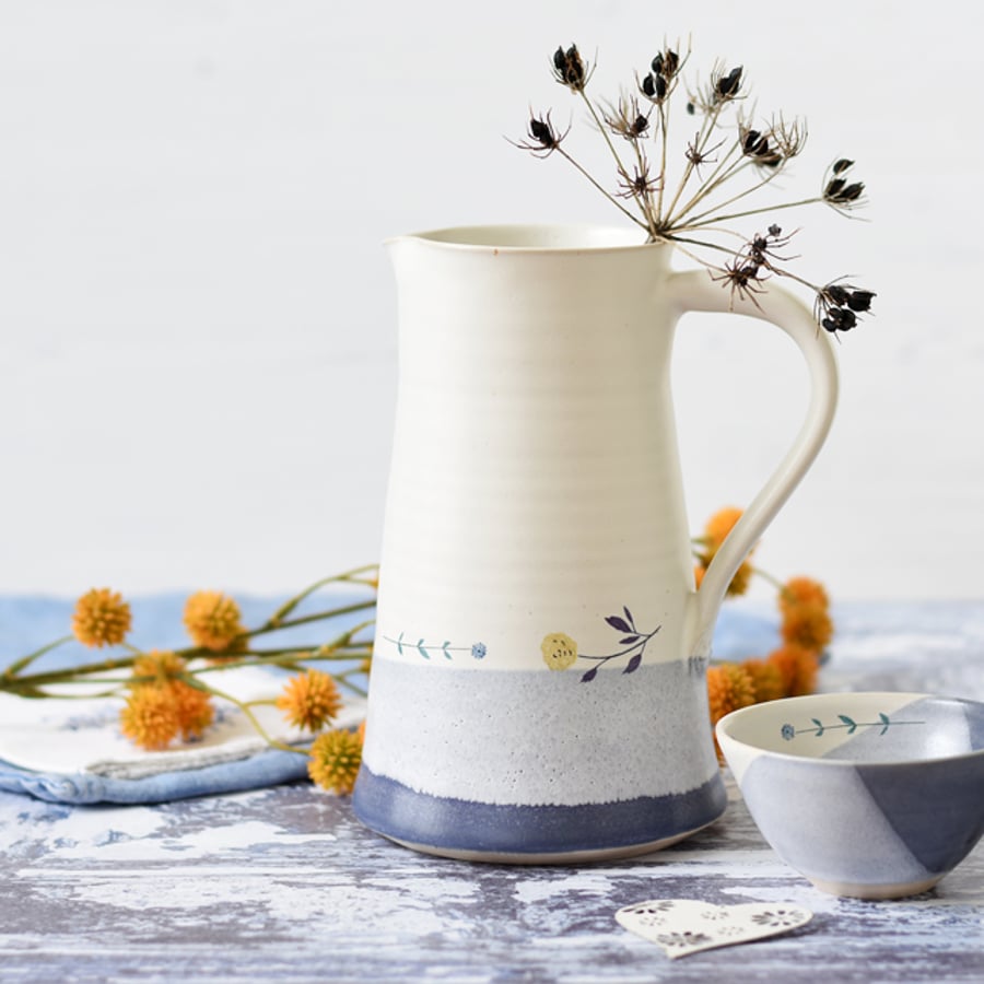 Blue and white flower pitcher - handmade illustrated ceramics