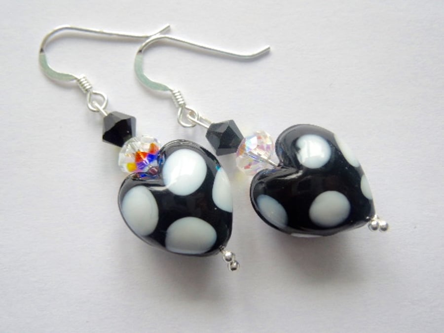 Murano glass black and white spot earrings with Swarovski and sterling silver.