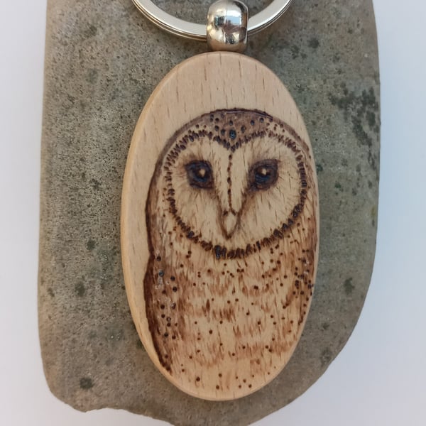 Barn owl pyrography keyring