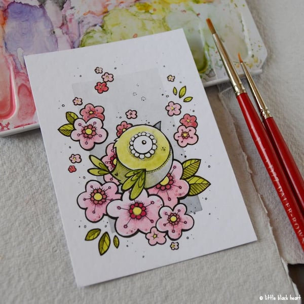 cherry blossom white eye - original aceo