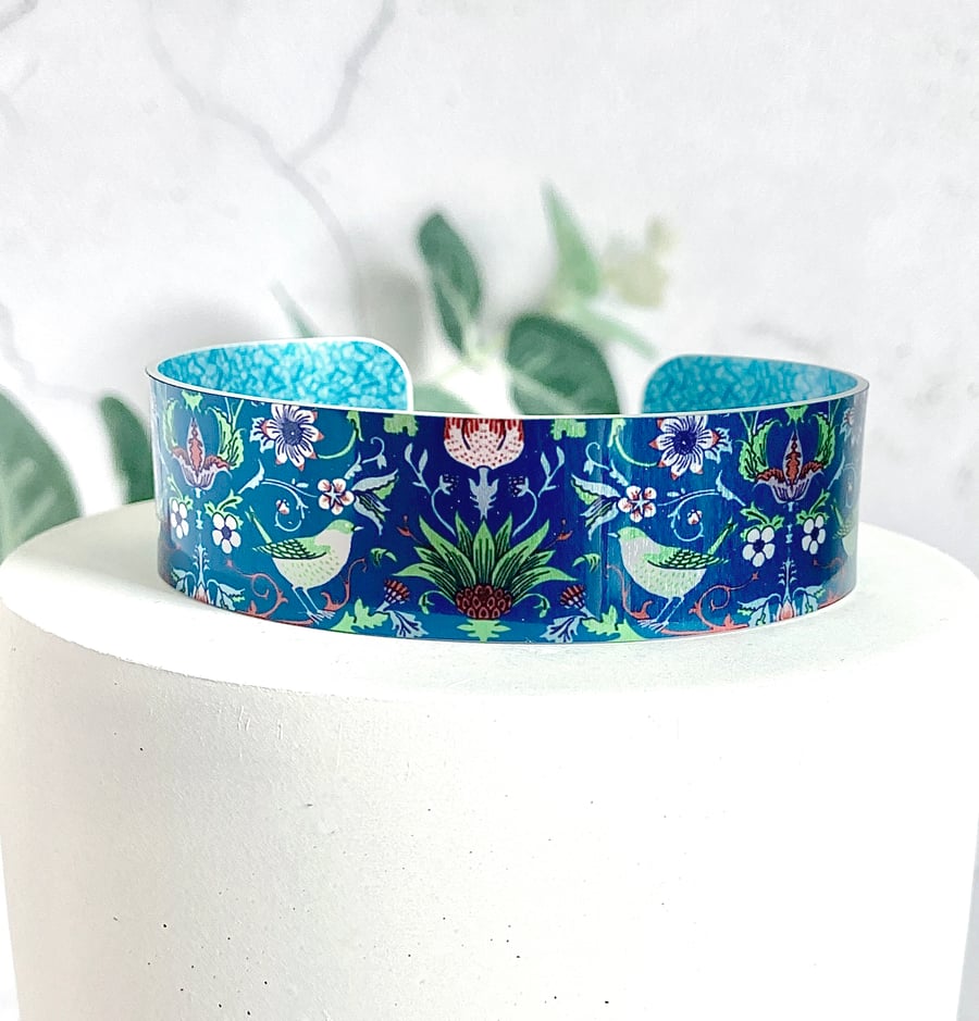 Cuff bracelet, blue William Morris bangle with birds. Perfectly imperfect. 549BL