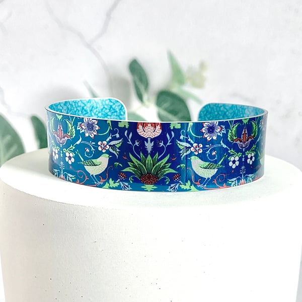 Cuff bracelet, blue William Morris bangle with birds. Seconds sunday. B549-BL