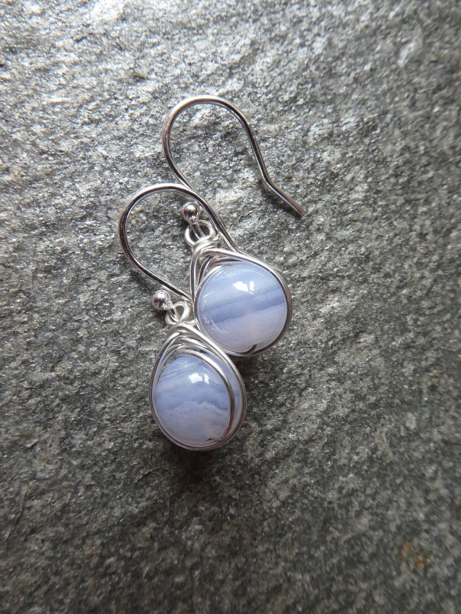 Sterling silver blue lace agate drop earrings, pastel blue earrings in silver