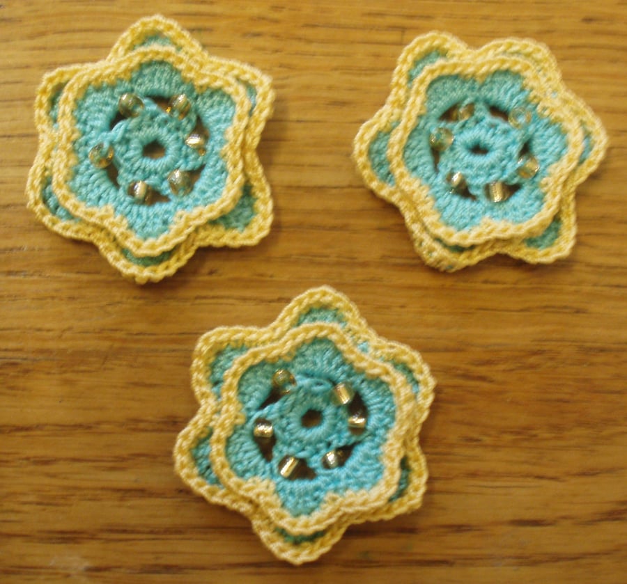 SET of 3 HANDMADE COTTON FLOWERS, TURQUOISE AND YELLOW WITH BEADS FOR CRAFTS